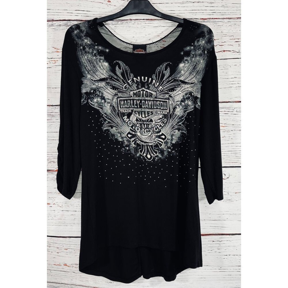 Harley-Davidson Womens Black Genuine Motorcycles Rhinestone & Lace Top Size L Se - Picture 7 of 14